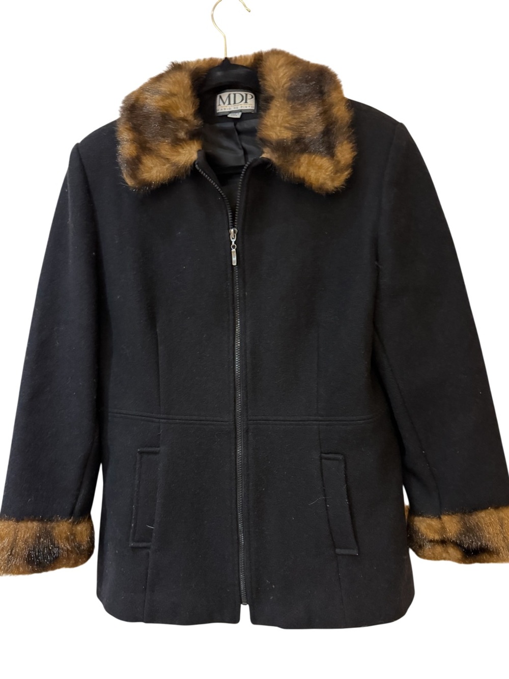 Vintage MDP Black Wool Jacket with Brown Faux Fur Trim